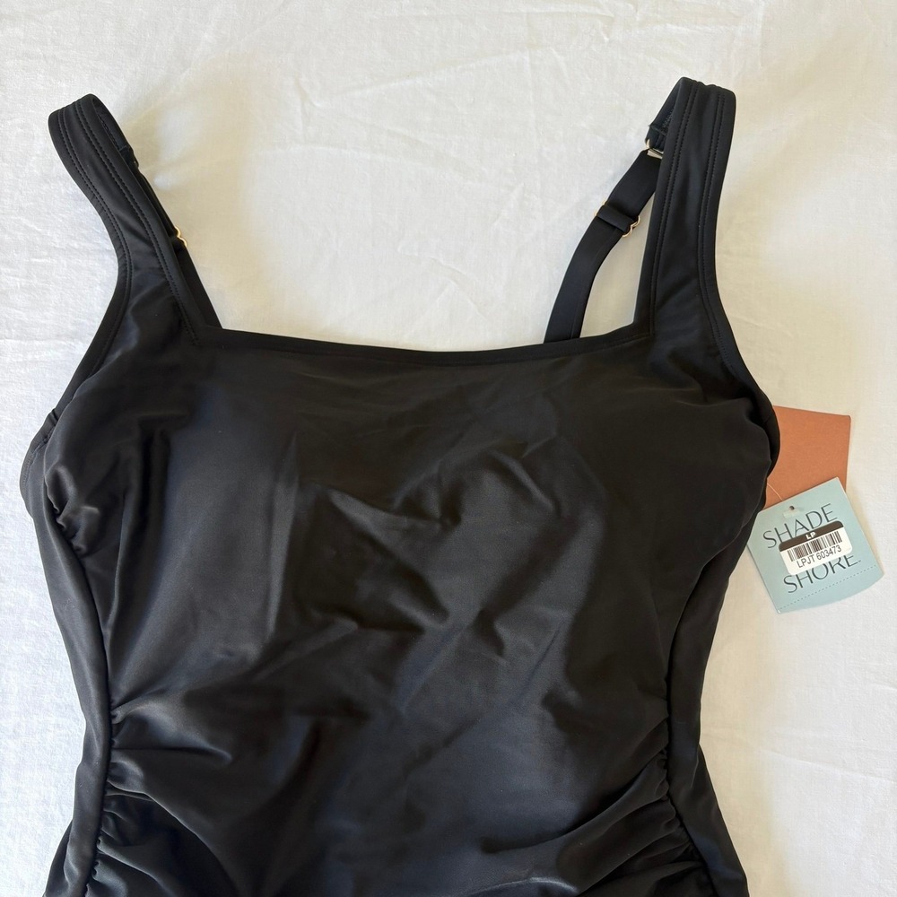 Shade & Shore Womens Shirred Tummy Control One Piece Swimsuit Black 16 NWT - Picture 2 of 16